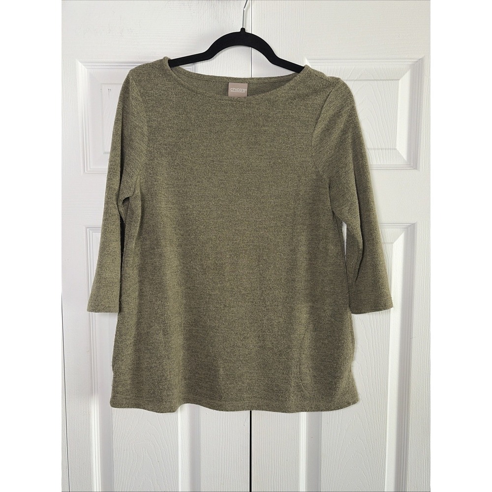 Chico's Zenergy Tunic Womens Size 0 S Olive Green Pockets Knit Soft 3/4 Sleeve